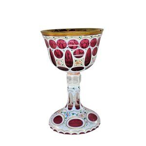 Harrach Bohemian Double Overlay Enamel Floral White Cranberry Wine Glass *FLAW